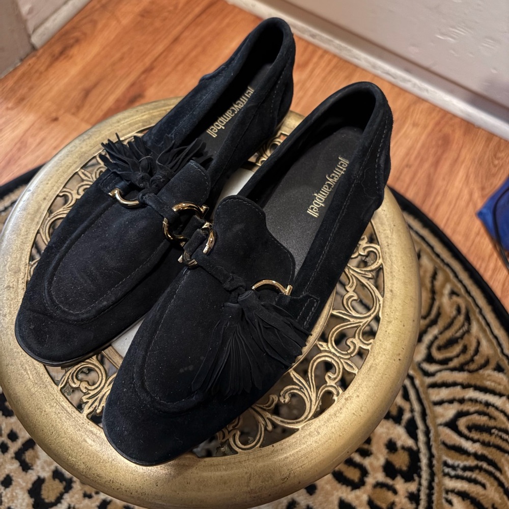 Jeffery Campbell black sued loafers with tassels and gold hardware